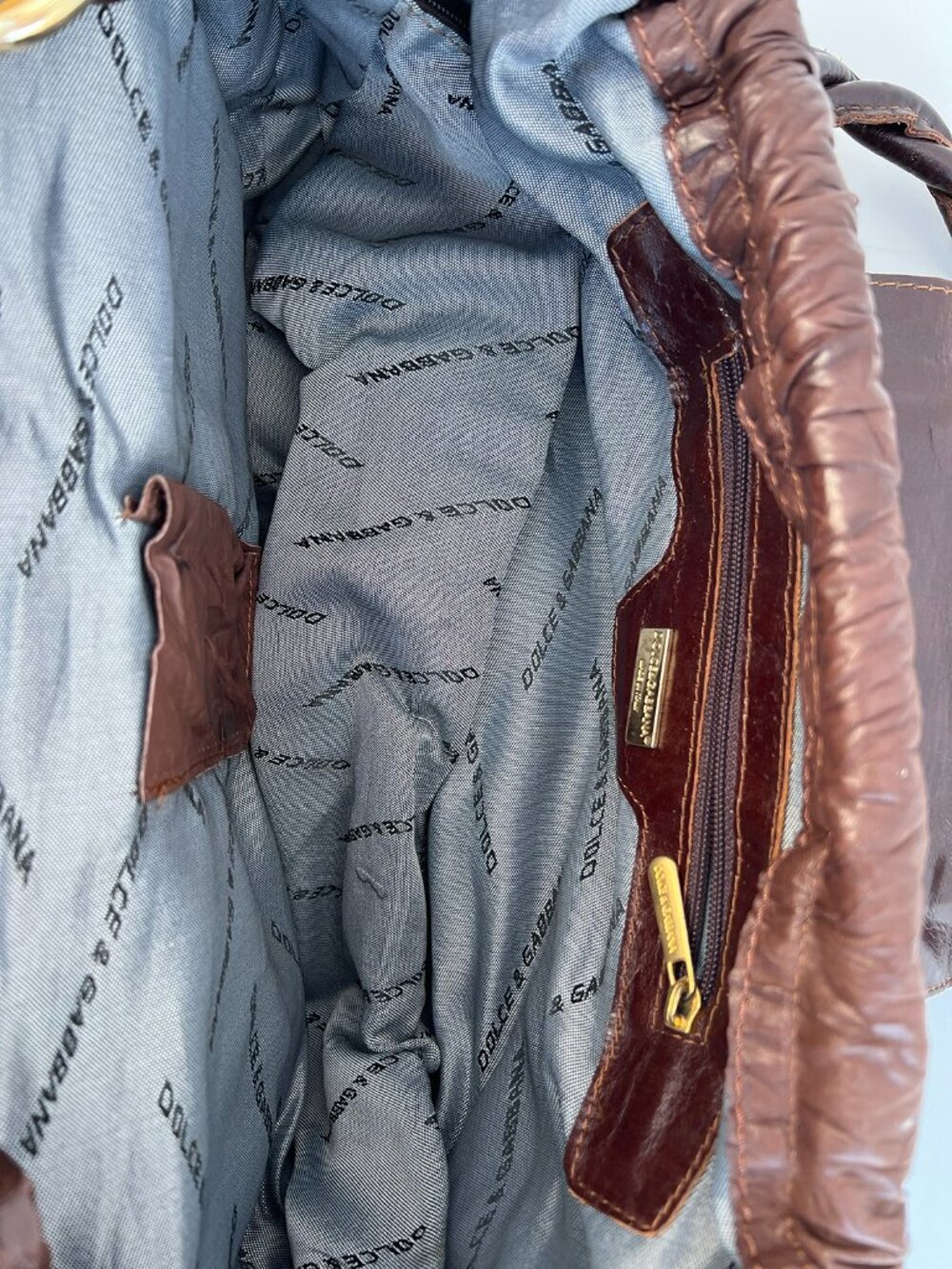 Authentic DOLCE & GABBANA Mainline Brown Crinkled Leather Braided Hobo Bag Y2K - Picture 4 of 13